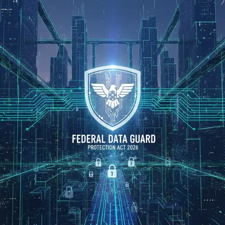 Digital shield protecting data streams in a futuristic city, symbolizing federal data protection laws 2026.