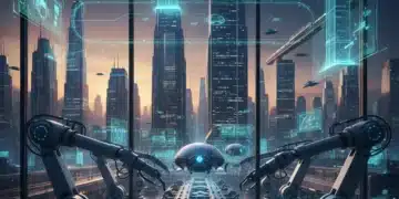 Digital Twin Technology: Revolutionizing US Manufacturing & Urban Planning for 25% Efficiency by 2028 Futuristic cityscape with data overlays and automated manufacturing, symbolizing digital twin integration.
