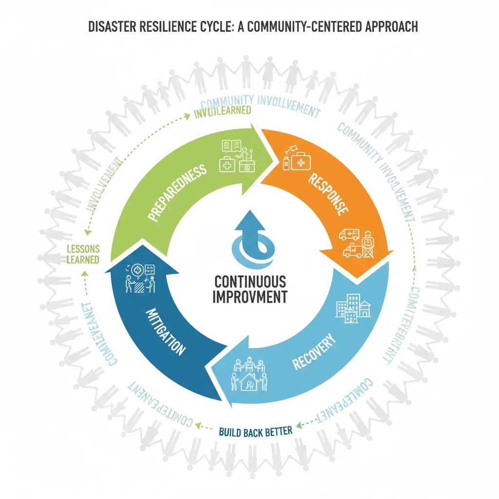 Infographic showing the disaster management cycle with community engagement.