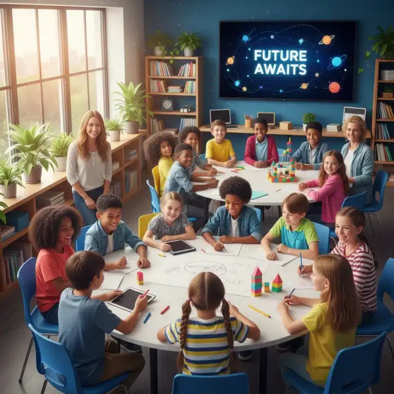 Diverse students collaborating in a modern classroom, symbolizing educational opportunity.