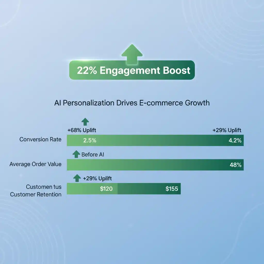 E-commerce metrics improvement due to AI personalization, showing increased engagement and sales.