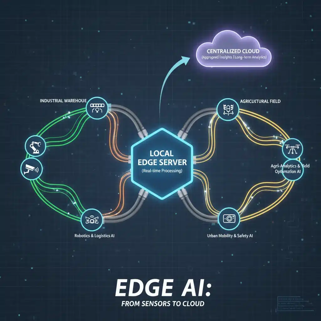 Edge AI data flow from devices to local server and cloud