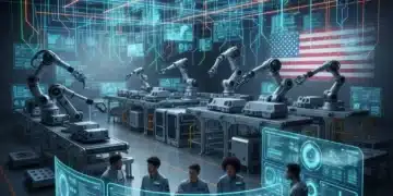 Edge AI Deployment: Boost US Business Efficiency by 15% in 2026 Futuristic factory with Edge AI enhancing operational efficiency