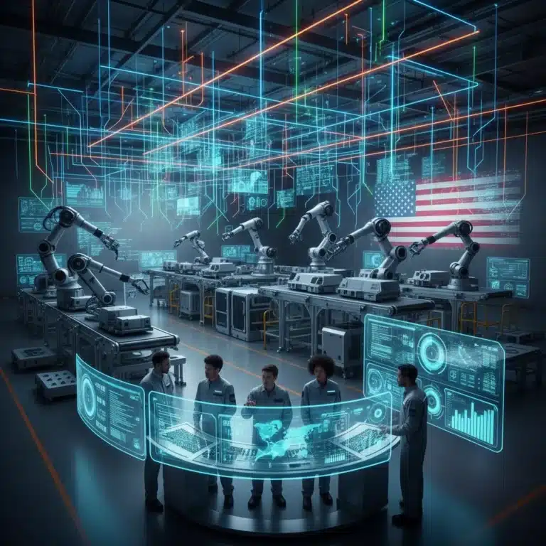 Futuristic factory with Edge AI enhancing operational efficiency