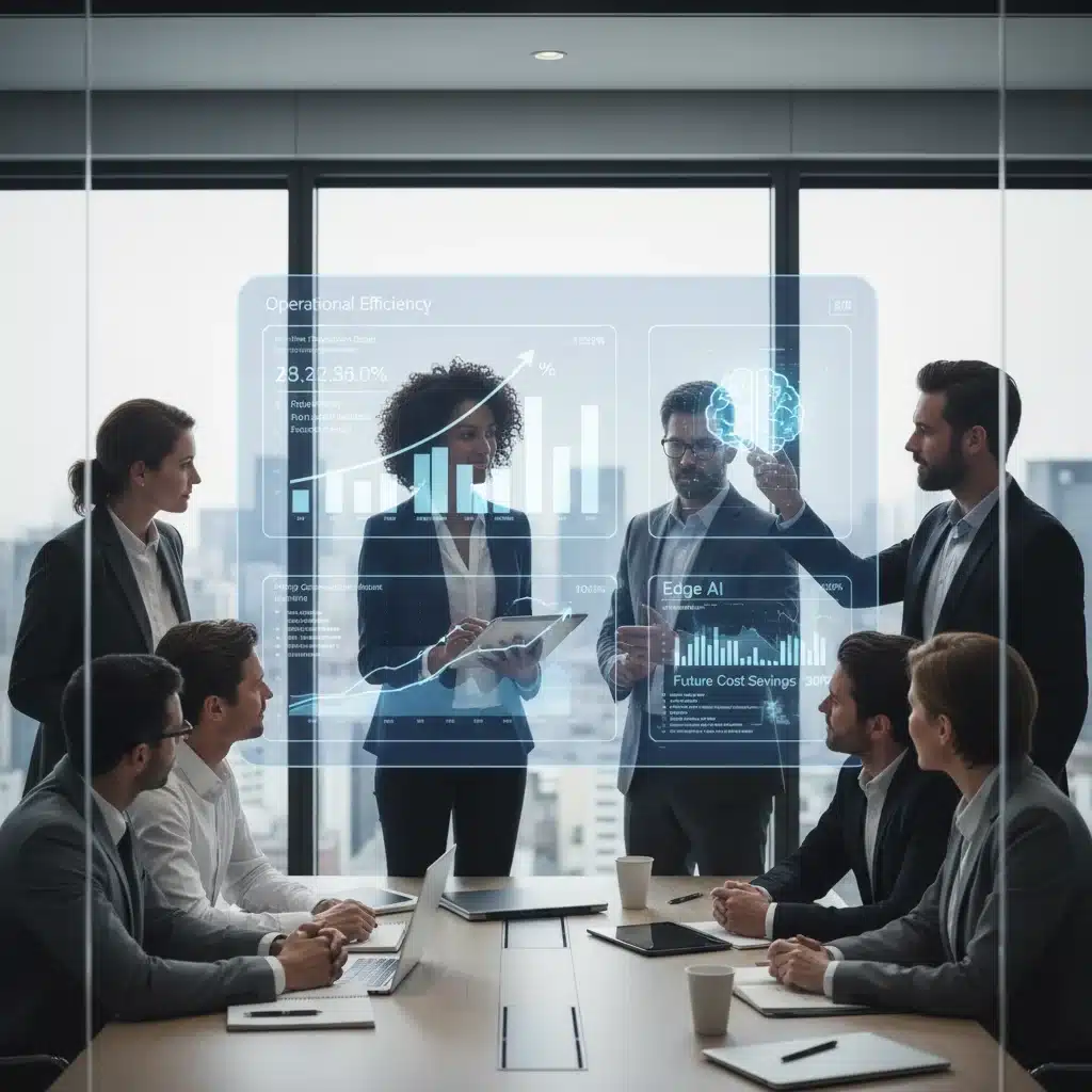 Business leaders analyzing Edge AI efficiency gains on a dashboard