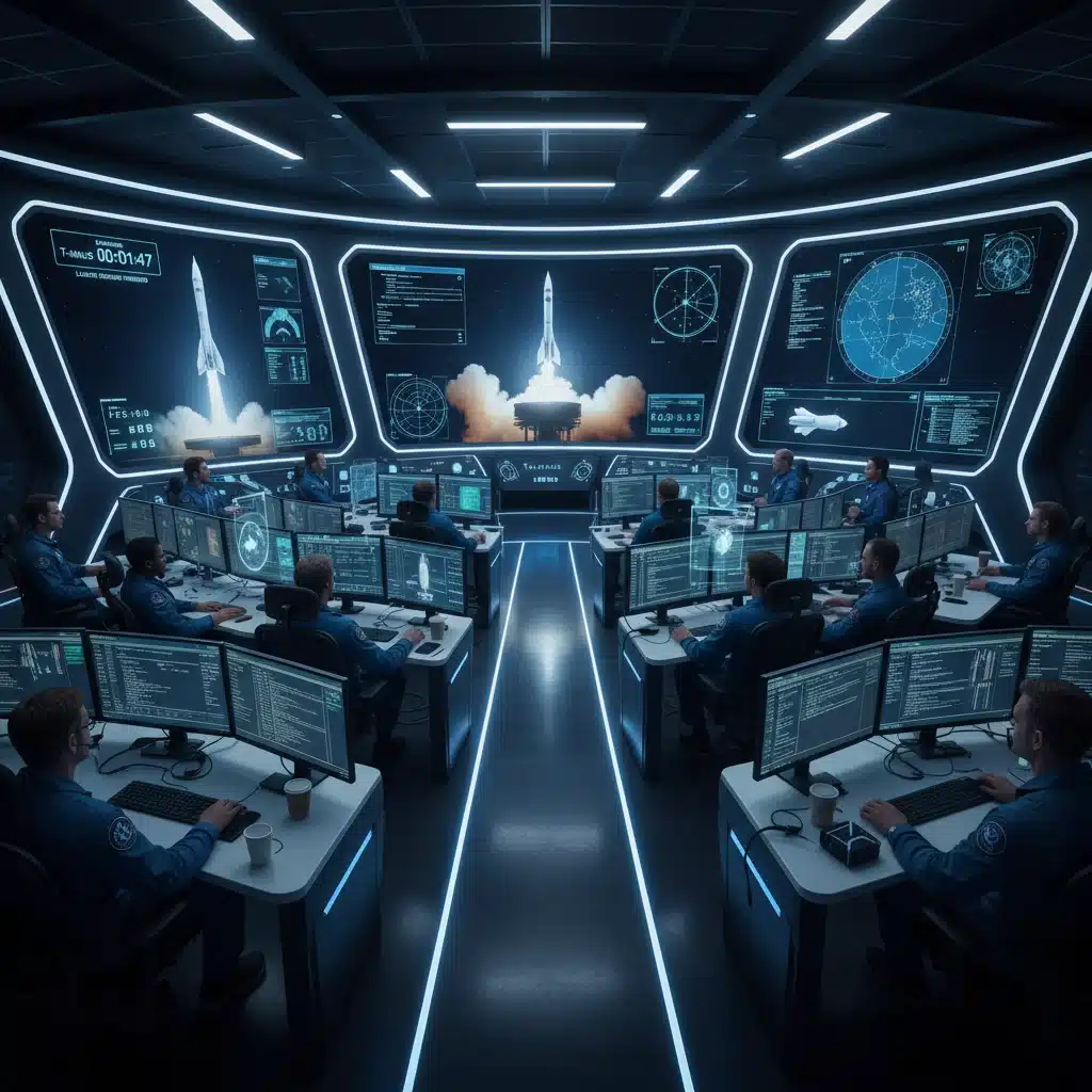 Engineers in a control room overseeing a commercial rocket launch, symbolizing technological advancement.