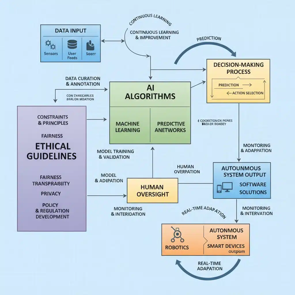 Diagram showing the ethical decision-making process in autonomous systems with human oversight.