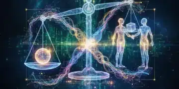 Abstract representation of ethical AI with neural networks and justice symbols