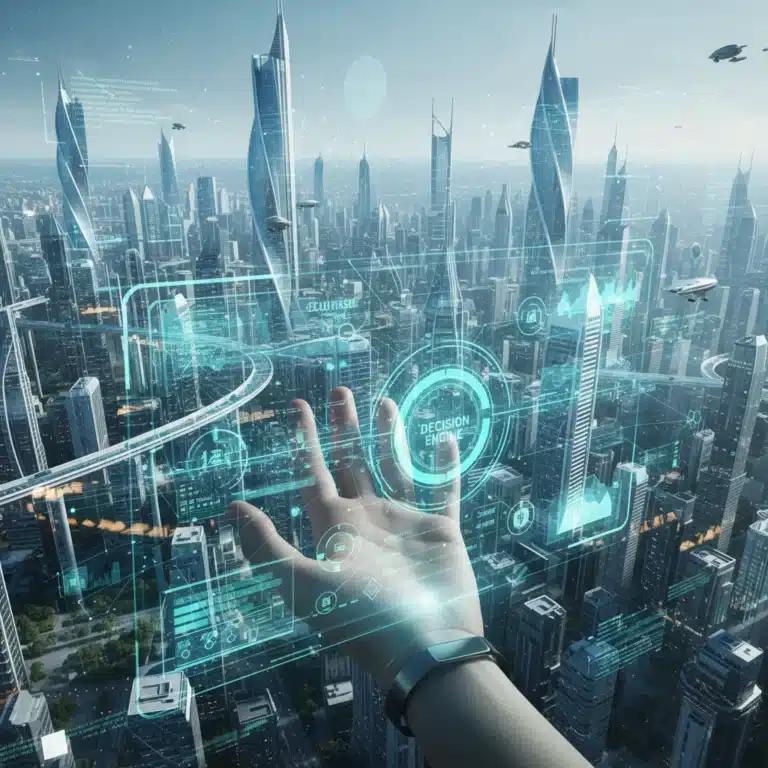Human hand touching a transparent AI interface, symbolizing explainable AI and trust in technology.
