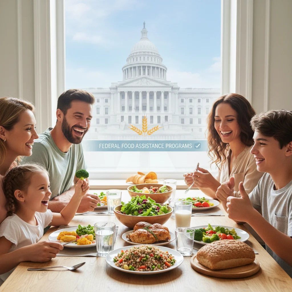Happy family eating a healthy meal, symbolizing the impact of federal food assistance.