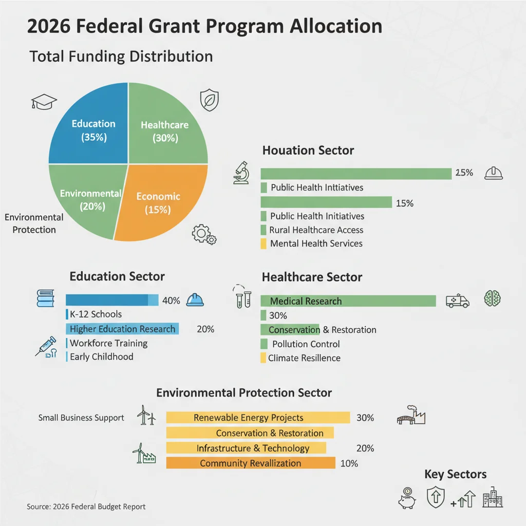 Infographic detailing funding allocation of 2026 federal grant programs across various sectors.