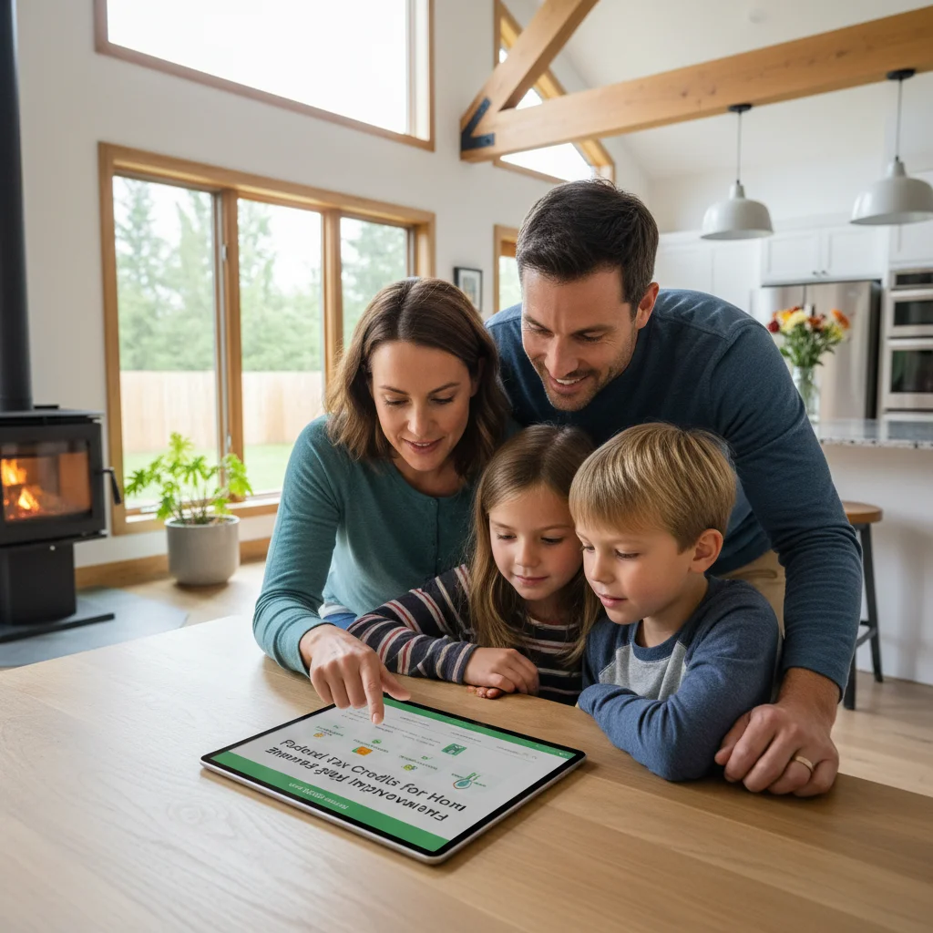 Family researching federal tax credits for home energy improvements and clean energy technologies.