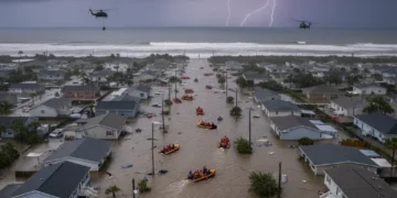 Climate Change 2026: Protecting Vulnerable US Communities Coastal community flooded by severe weather, illustrating climate change impact