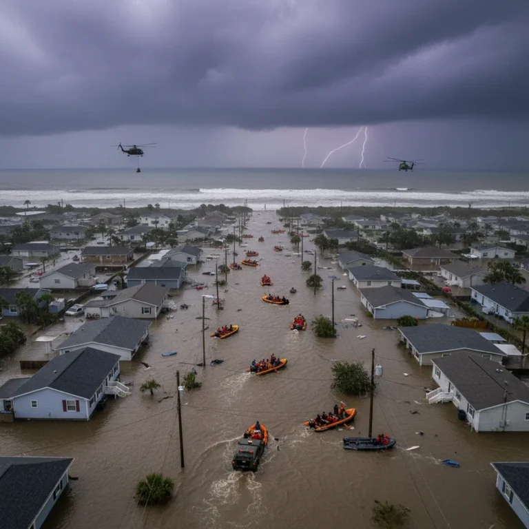 Coastal community flooded by severe weather, illustrating climate change impact