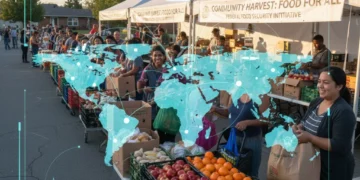 Food Security 2026: Federal Solutions for Hunger & Supply Chains People receiving fresh food at a community event, symbolizing federal food security initiatives.