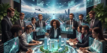 Future-Proofing Your Career: 4 Essential Skills for the Evolving US Job Market in 2026 (PRACTICAL SOLUTIONS) Professionals collaborating on future career skills in a dynamic US job market