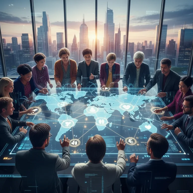 Diverse individuals collaborating on a digital platform for global philanthropic impact