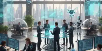 Professionals collaborating in a modern office with AI technology, symbolizing the future of work in the US.