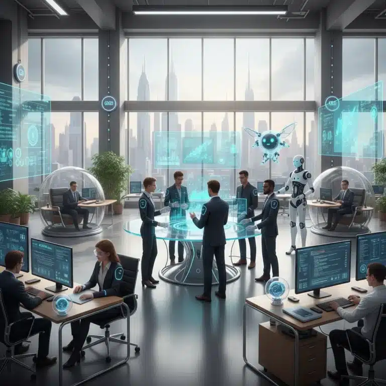 Professionals collaborating in a modern office with AI technology, symbolizing the future of work in the US.