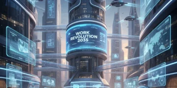 Futuristic cityscape with professionals working in digital and virtual spaces, representing the future of US jobs by 2035.