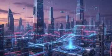 5G Advanced Rollouts US 2026: Business Connectivity & IoT Potential Futuristic cityscape with advanced 5G network and IoT connections in the US.
