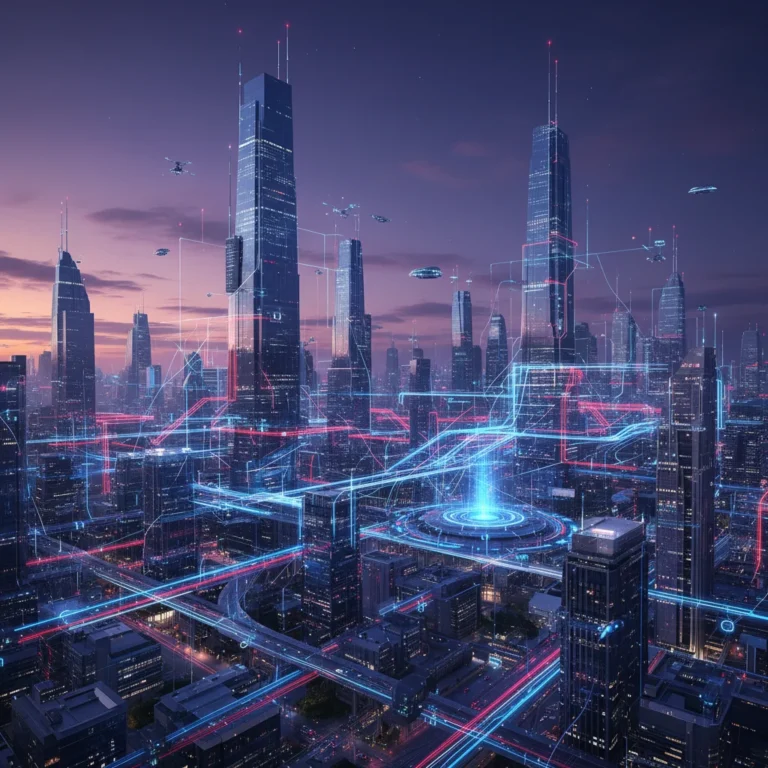 Futuristic cityscape with advanced 5G network and IoT connections in the US.