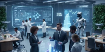 AI Reshapes US Industries: The Future of Work in 2026 Diverse professionals collaborating in a futuristic office with AI integration.