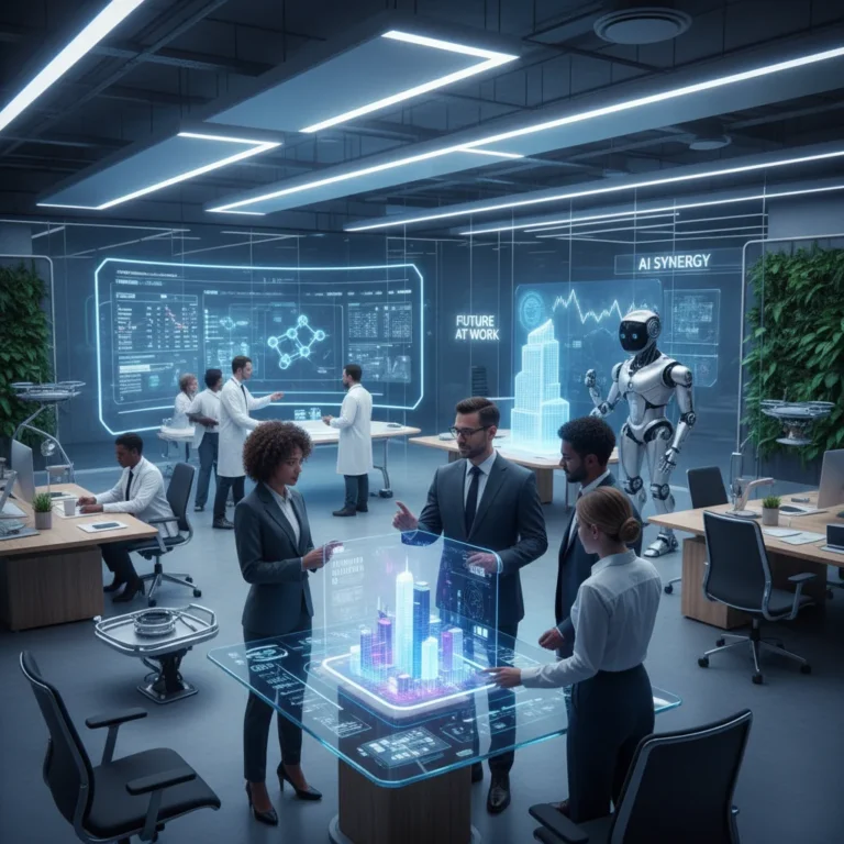 Diverse professionals collaborating in a futuristic office with AI integration.
