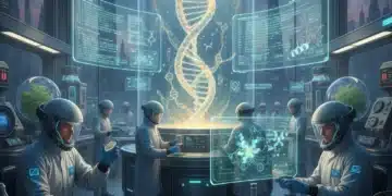 Scientists working in a futuristic bio-engineering lab with DNA models.
