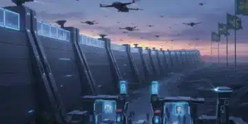 Futuristic border security infrastructure with drones and biometric scanners, symbolizing advanced immigration policy measures.