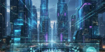 Disruptive Technologies 2027: AI, Quantum, Bio-Tech Shaping US Economy Futuristic cityscape with digital connections representing disruptive technologies shaping the US economy.