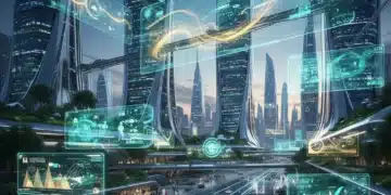 Hyper-Connectivity: Transforming US Urban Living by 2030 Futuristic cityscape with glowing digital networks and autonomous vehicles, symbolizing hyper-connected urban living in 2030.