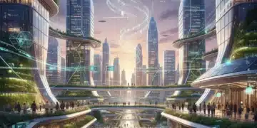 Social Innovation 2026: Groundbreaking Initiatives Transforming US Communities Futuristic cityscape with diverse people collaborating on social innovation projects.