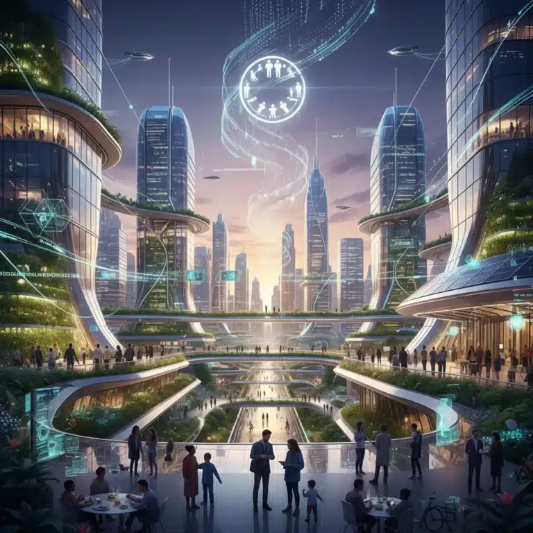 Futuristic cityscape with diverse people collaborating on social innovation projects.
