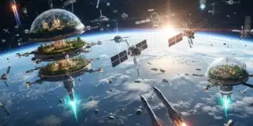 Space Economy Boom: US Investment Drives $1 Trillion Commercial Space Future Futuristic Earth orbit with commercial satellites and space stations, representing a booming space economy.