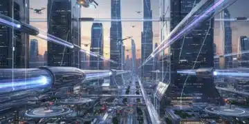 Futuristic urban transportation scene with hyperloop, flying cars, and autonomous drones in a vibrant US city.