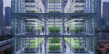 Vertical Farming US: 20% Urban Growth by 2028 - Insider Insights Futuristic urban vertical farm with LED-lit crops