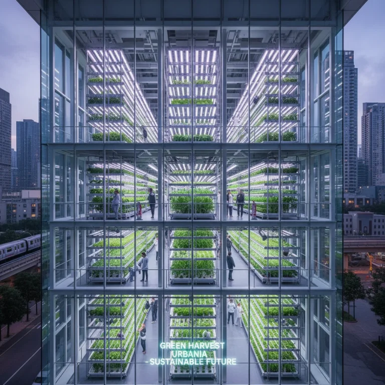 Futuristic urban vertical farm with LED-lit crops