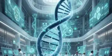 DNA helix intertwining with digital data and medical symbols, representing genomic medicine policy.