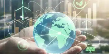 Global impact investing hands holding earth with financial graphs