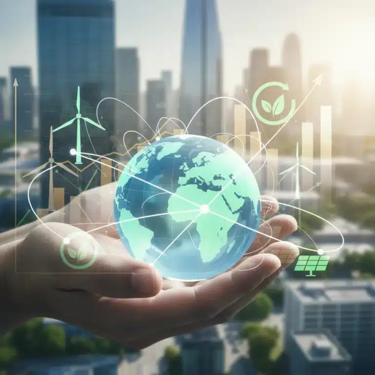 Global impact investing hands holding earth with financial graphs
