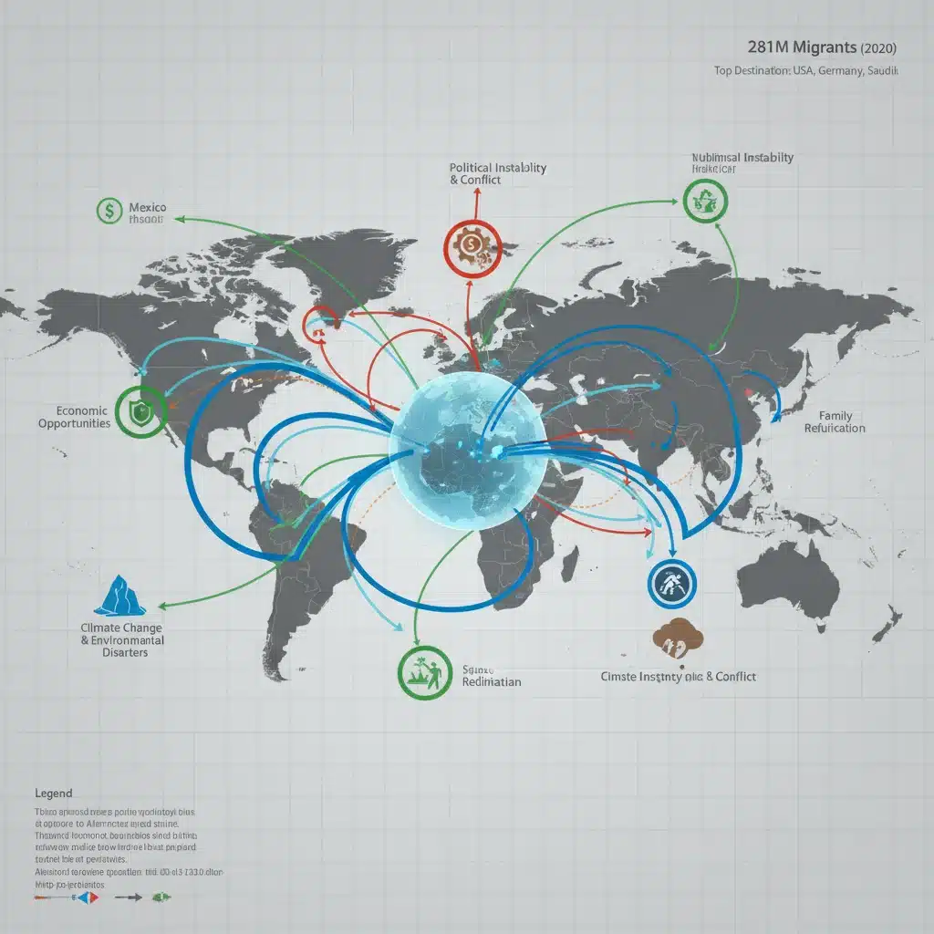 Infographic illustrating global migration patterns and their influencing factors like economics and climate change.