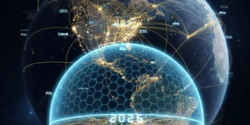 Global supply chain network with a protective shield over the US, symbolizing resilience.