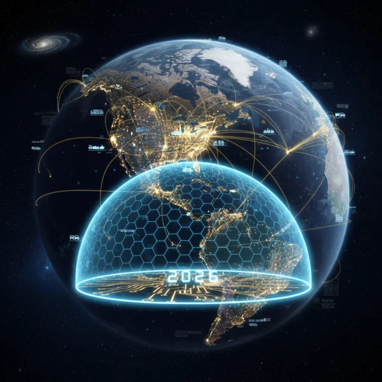 Global supply chain network with a protective shield over the US, symbolizing resilience.