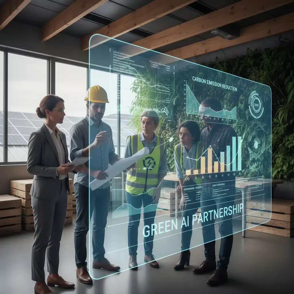 Professionals collaborating on green AI initiatives for carbon reduction