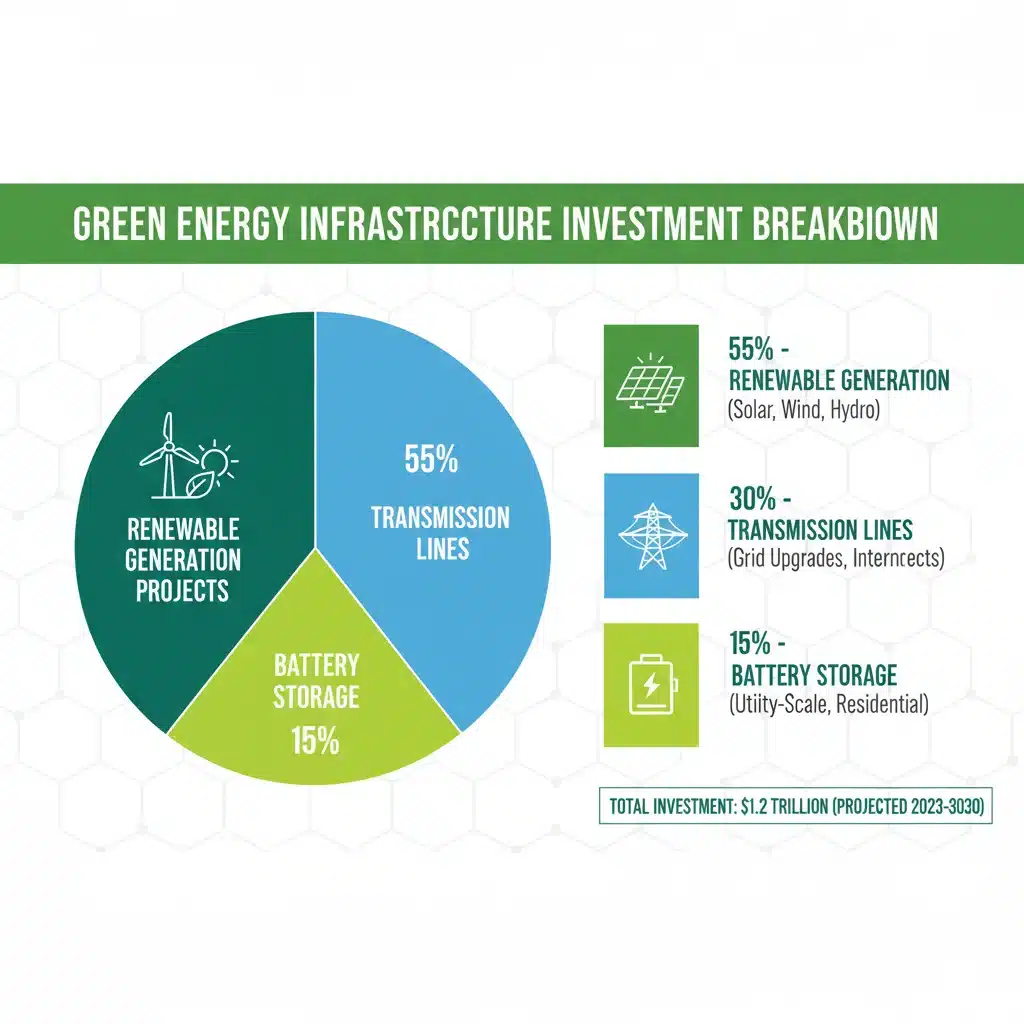 Infographic detailing investment categories for green energy infrastructure, showcasing financial allocation across transmission, storage, and generation.