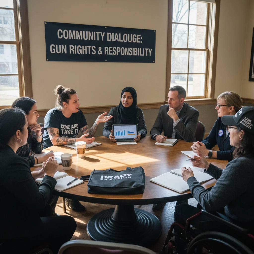 Diverse group discussing gun rights and gun control, representing societal debate.
