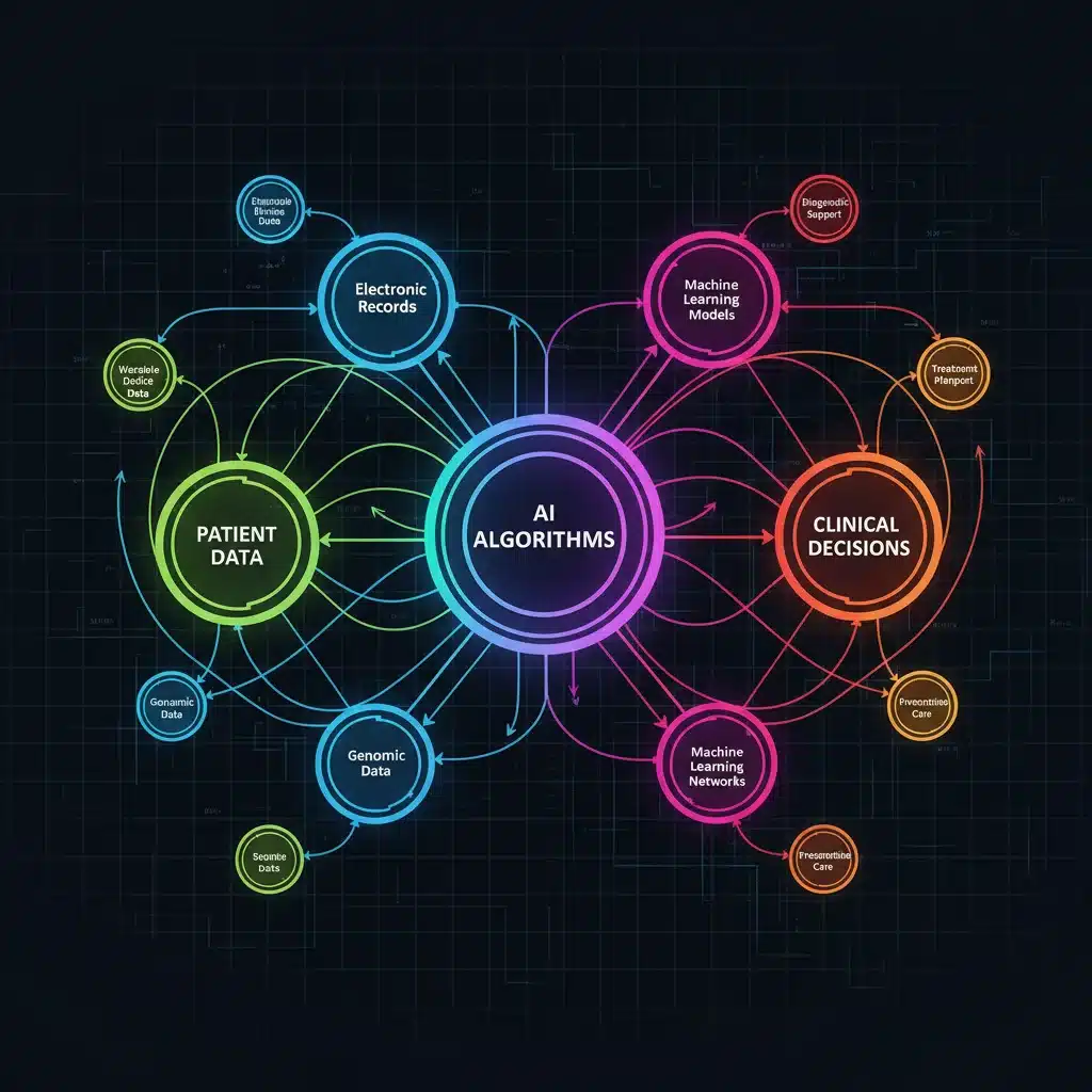 Data flow network showing AI algorithms processing patient health information for predictive analytics.