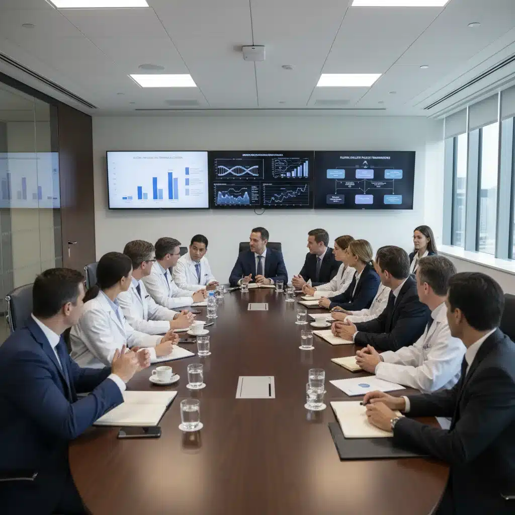 Healthcare professionals discussing genomic medicine policy and regulations in a conference setting.