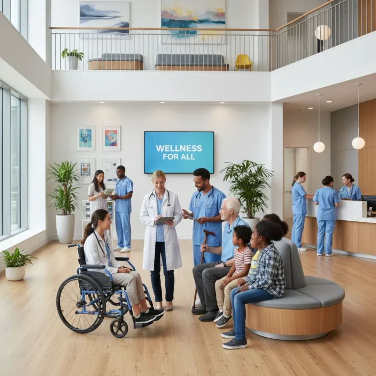 Diverse patients interacting with healthcare providers, symbolizing improved access.
